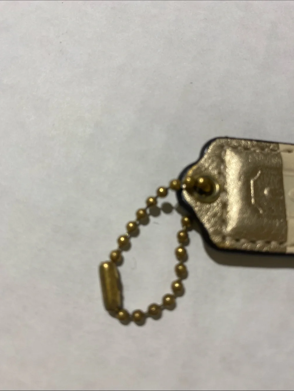 Vintage Rare y2k Coach Metallic Gold and Cream Leather Bag Tag with Gold Chain